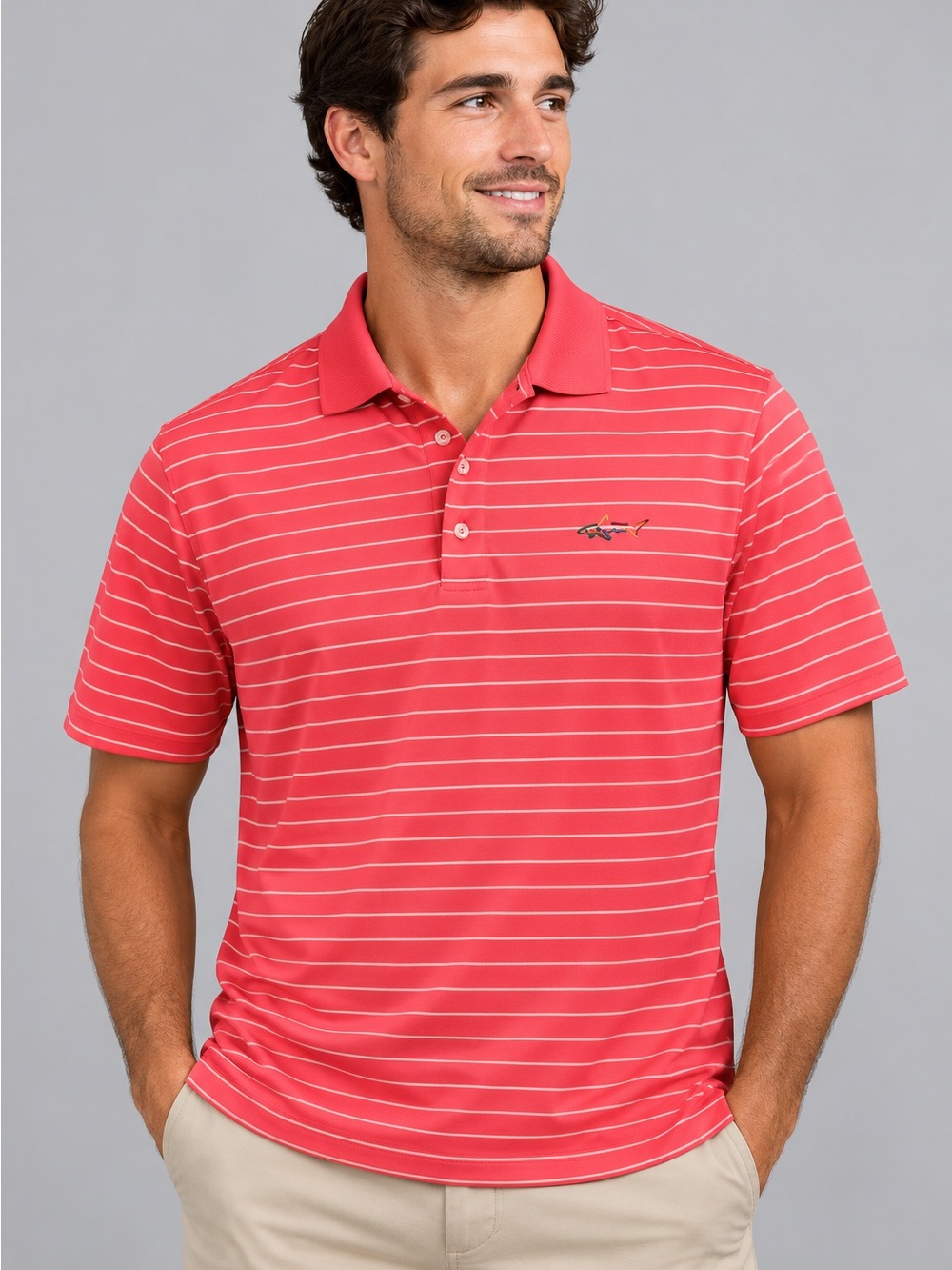 Greg Norman Tasso Elba Five Iron Play Dry Polo Shirt Pink Stripe Men’s Small